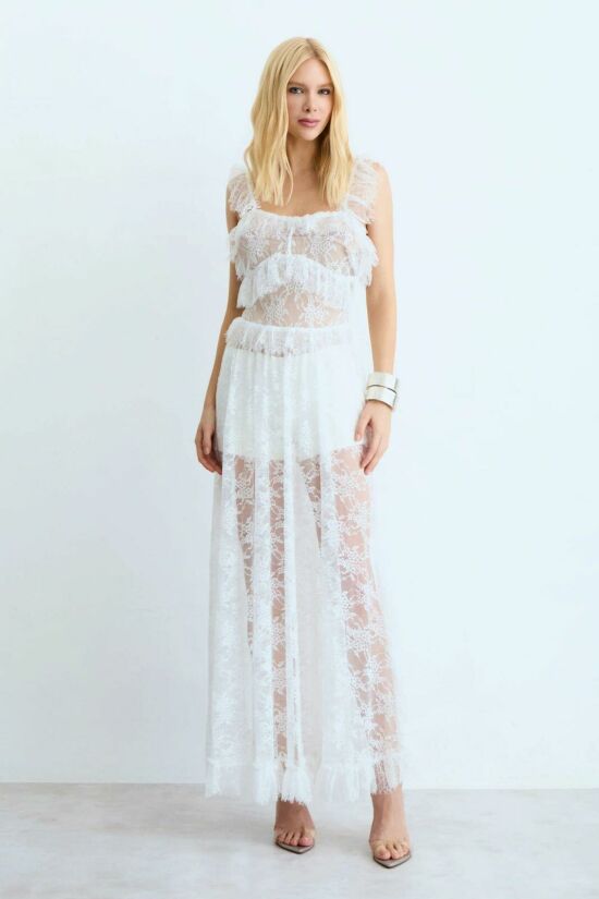 Imagem de Vestido Mídi Em Renda Com Detalhes Alças e Decote Off White Zen